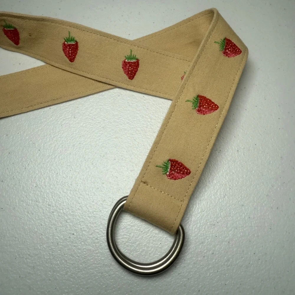 J. Crew Y2k Embroidered Strawberry Cotton Double Ring Belt Size MED-LGE